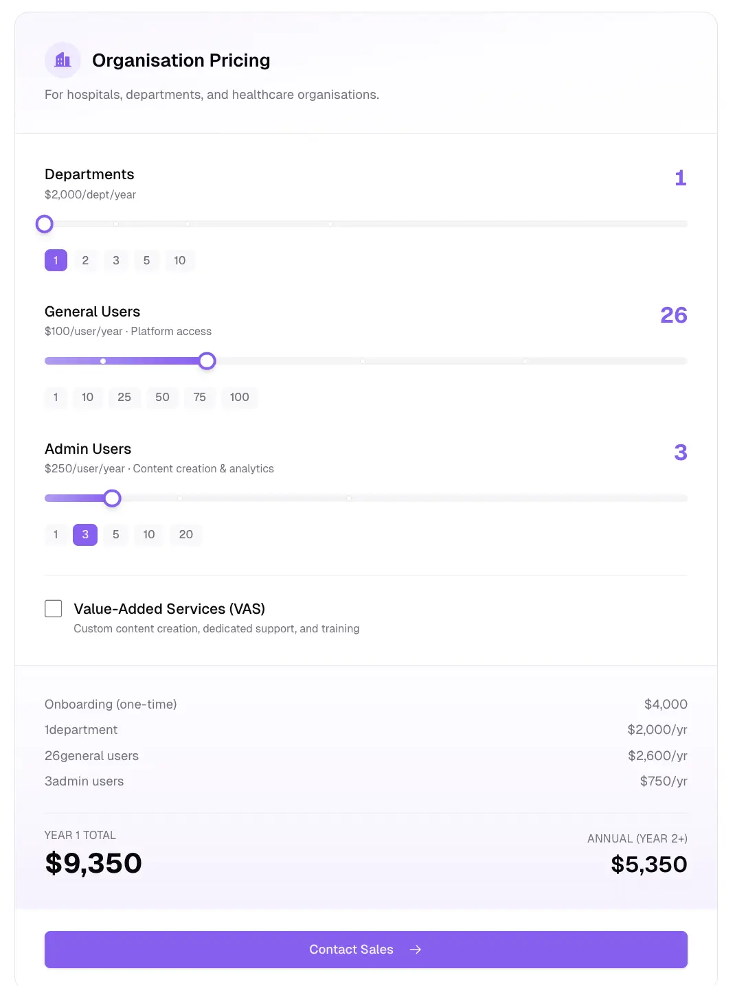 Pricing calculator sliders