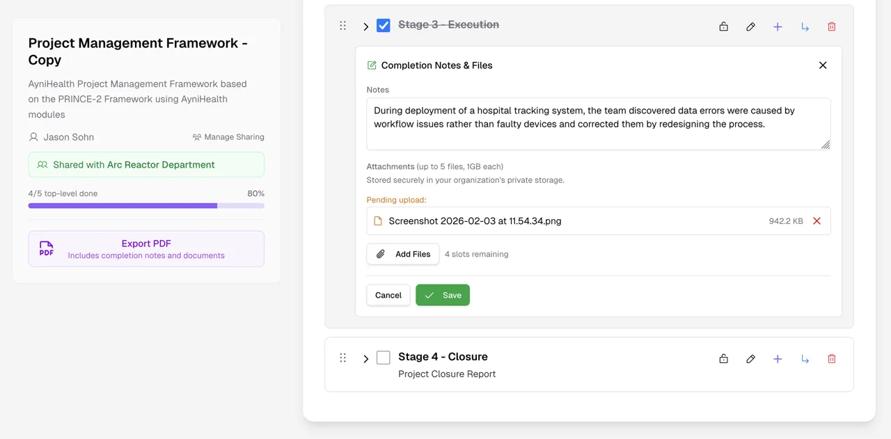 Completion notes and file attachments